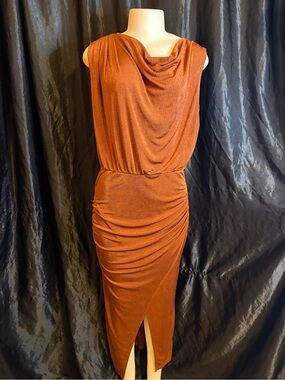 Fashion Nova Copper Shimmer Cowl Neck Midi Dress